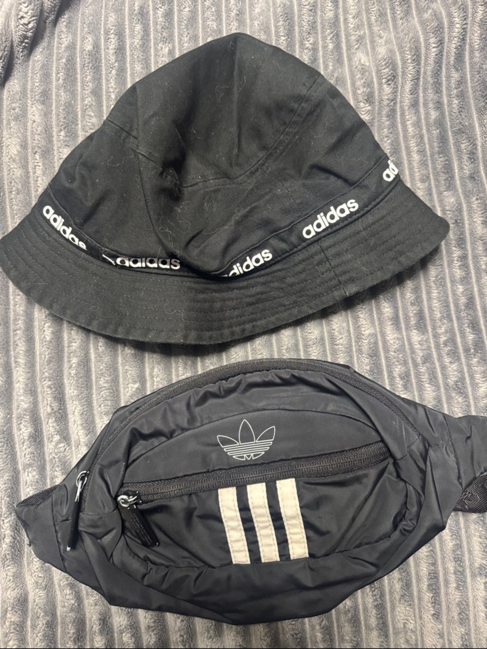 adidas Black Bucket Hat and Black Waist Pack with White Logos